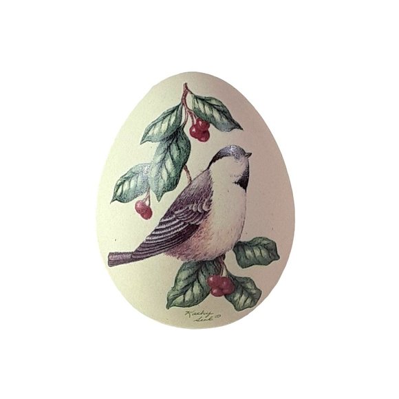 Kathy Seek Ceramic Porcelain Finch Bird Egg w/Decorative Holly Hand Painted 3.5" - Picture 3 of 6